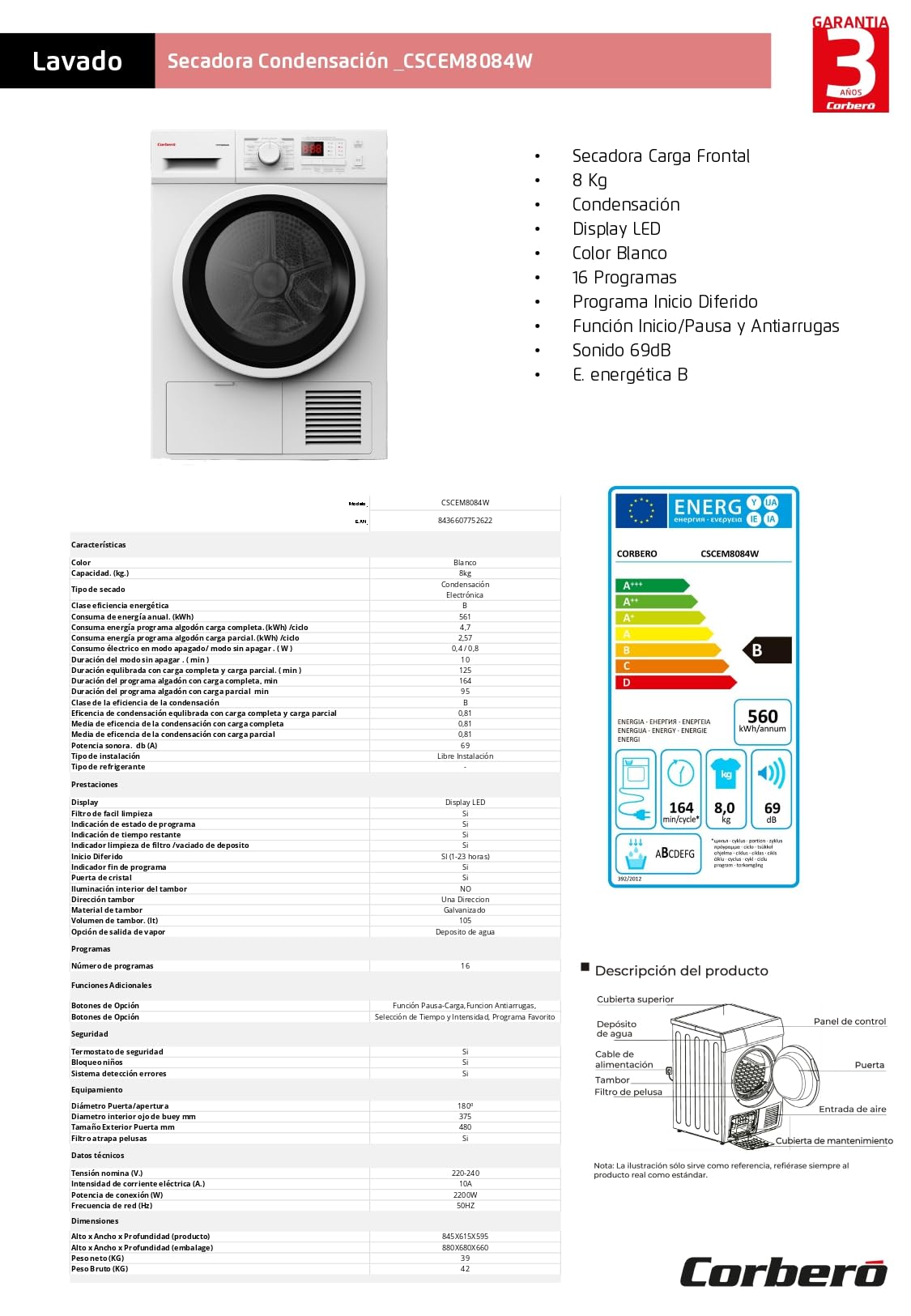 Corberó - Secadora Carga Frontal 8 kg | CSCEM8084W | Condensación | Display LED | 16 Programas | Inicio Diferido | Inicio/Pausa y Antiarrugas | 69dB | E. energética B, Blanco
