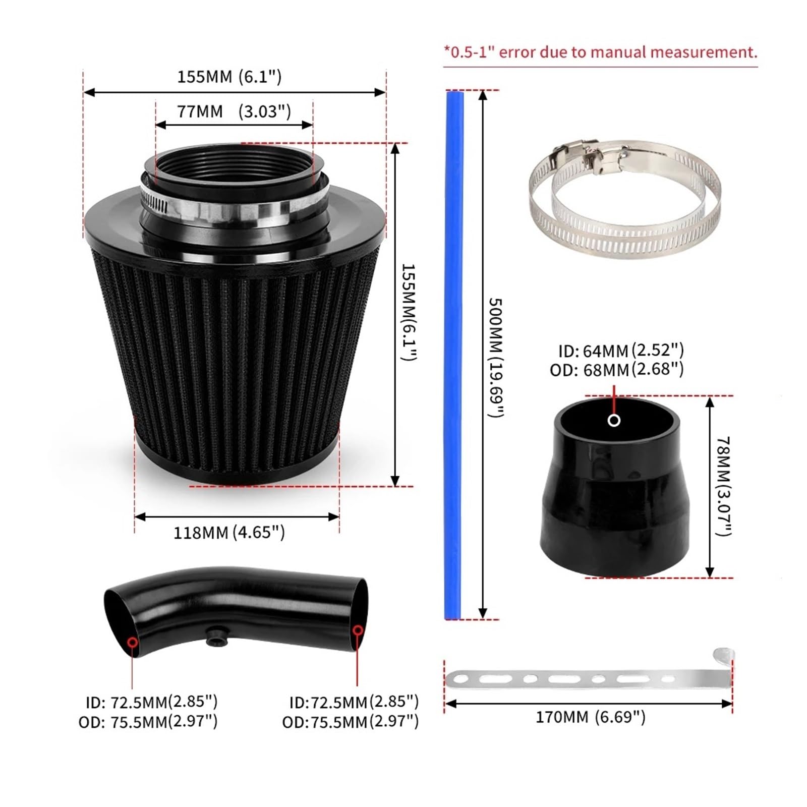 Entrada Aire Kit De Tubo Inducción Turbo Con Admisión En Frío, Filtro Aire 76mm Y 3 Pulgadas Cono Alto Flujo OFI095 Manguera Admisión(Rojo)