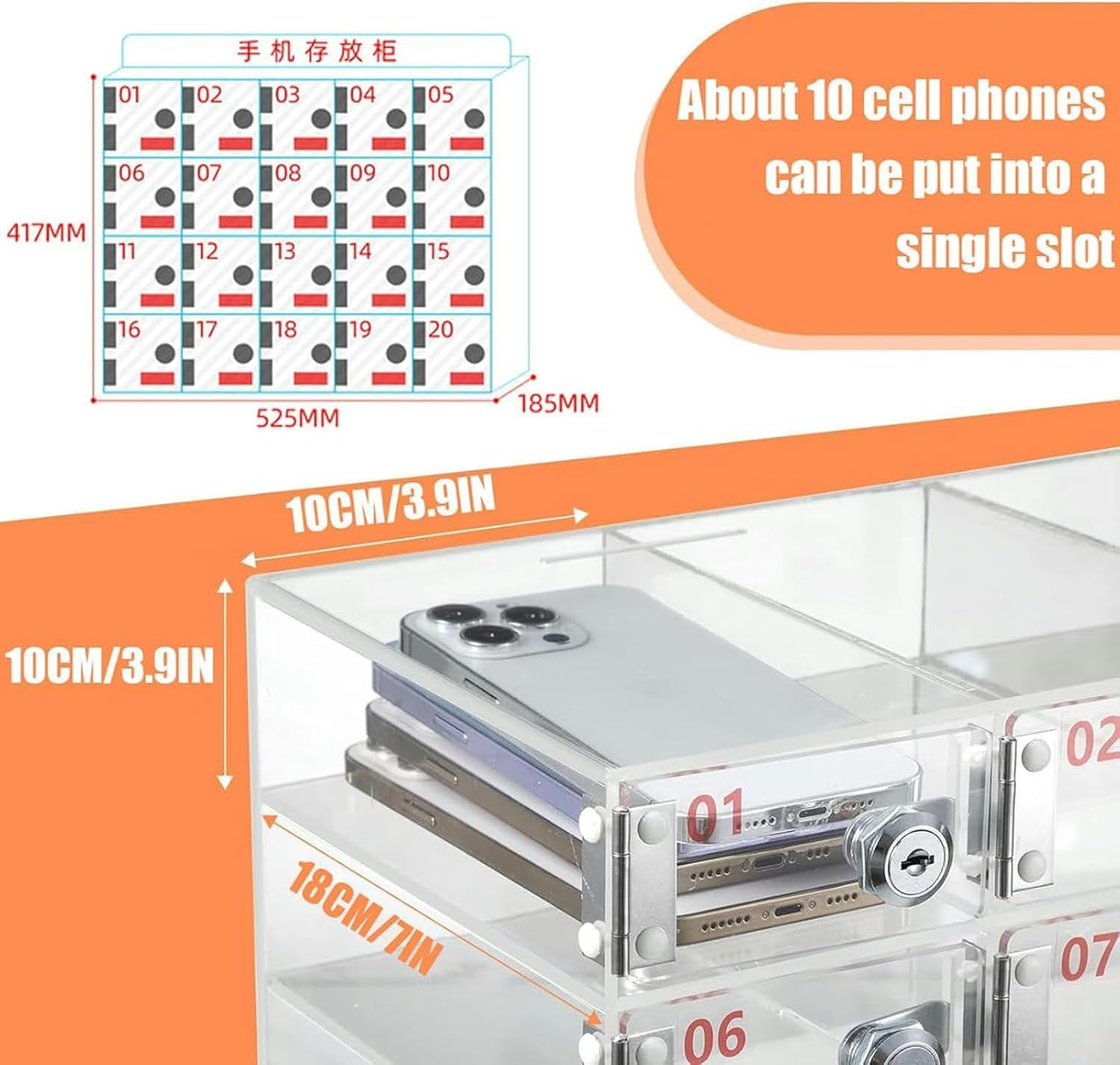 Phone Storage Cabinet, Acrylic Cell Phone Locker Box with Door Locks and Keys, Wall-Mounted Clear Safe Cell Phones Storage Cabinet Pocket Locker