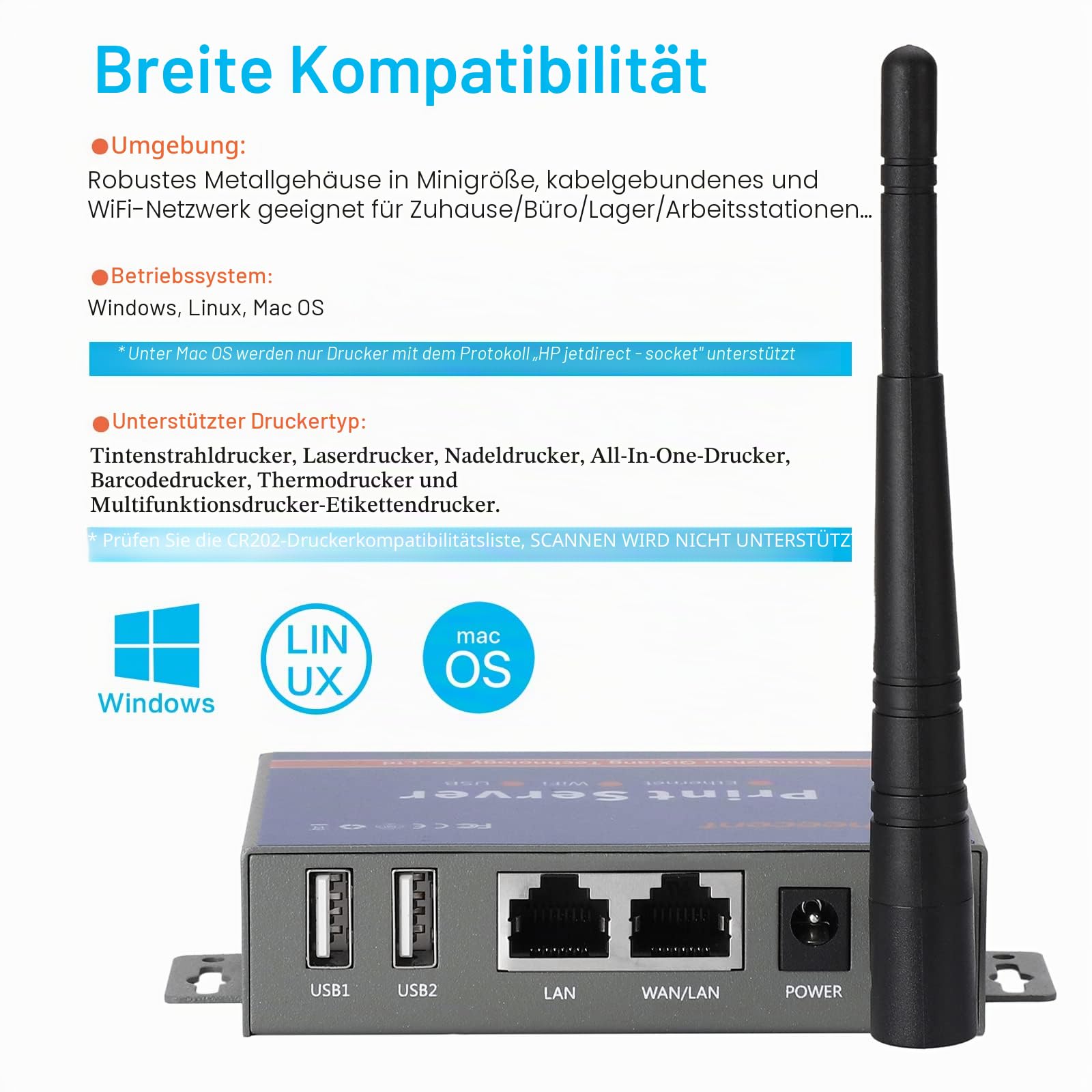Kabelloser Druckserver für USB-Drucker (Nicht Plug & Play), 2-Port-USB-Druckserver, Konvertieren Sie kabelgebundenen Drucker in drahtlose WiFi-Ethernet-Netzwerke, kompatibel mit Windows Mac