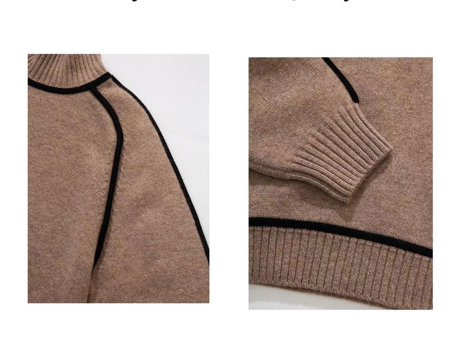 Maglione da donna a collo alto, a maniche lunghe, lavorato a maglia con bordo a contrasto, alla moda, per autunno e inverno, basic