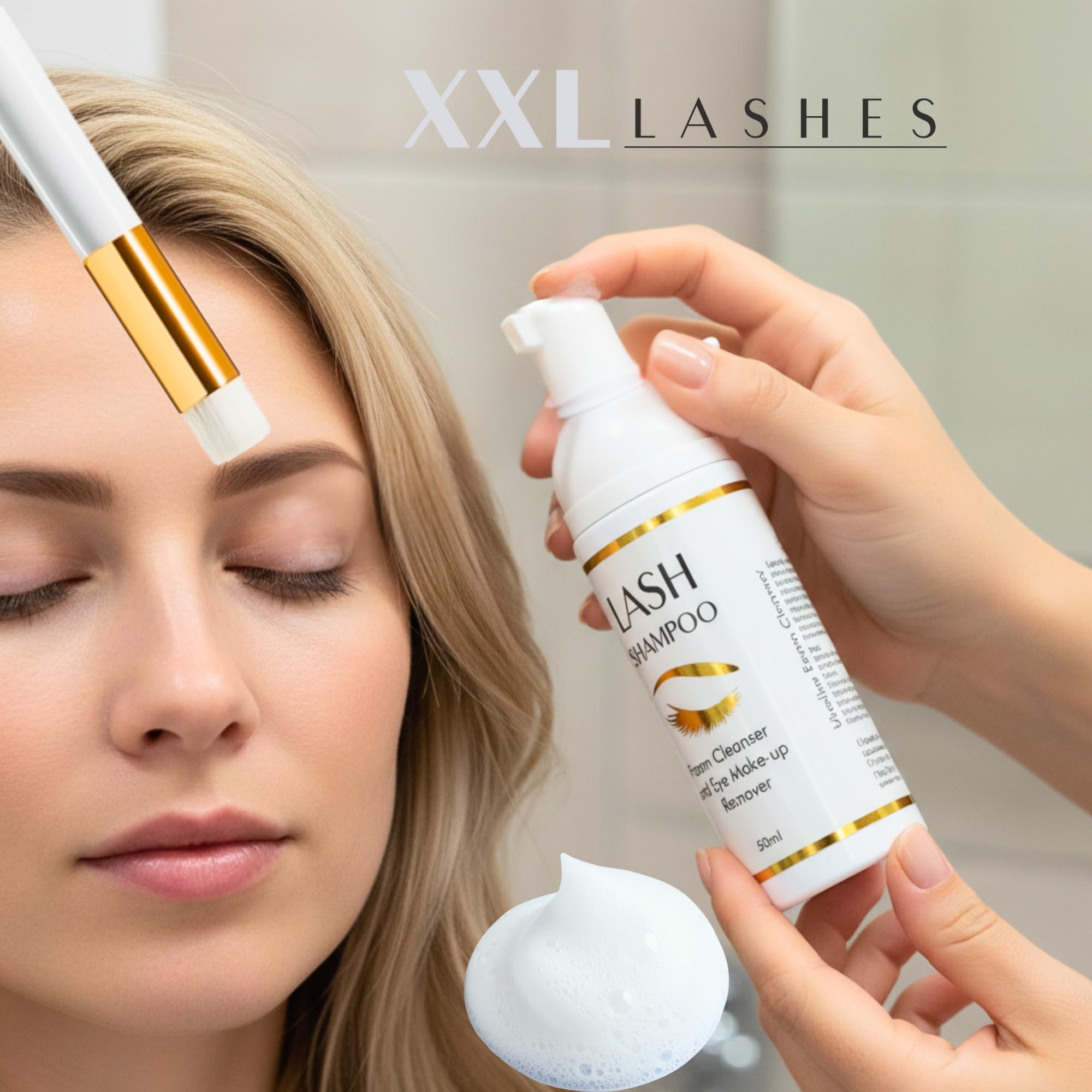 XXL Lashes Shampoo per extension ciglia, detergente schiumogeno, struccante, 50 ml con spazzolino per shampoo per ciglia e sopracciglia, cura ciglia con pennello per lavaggio