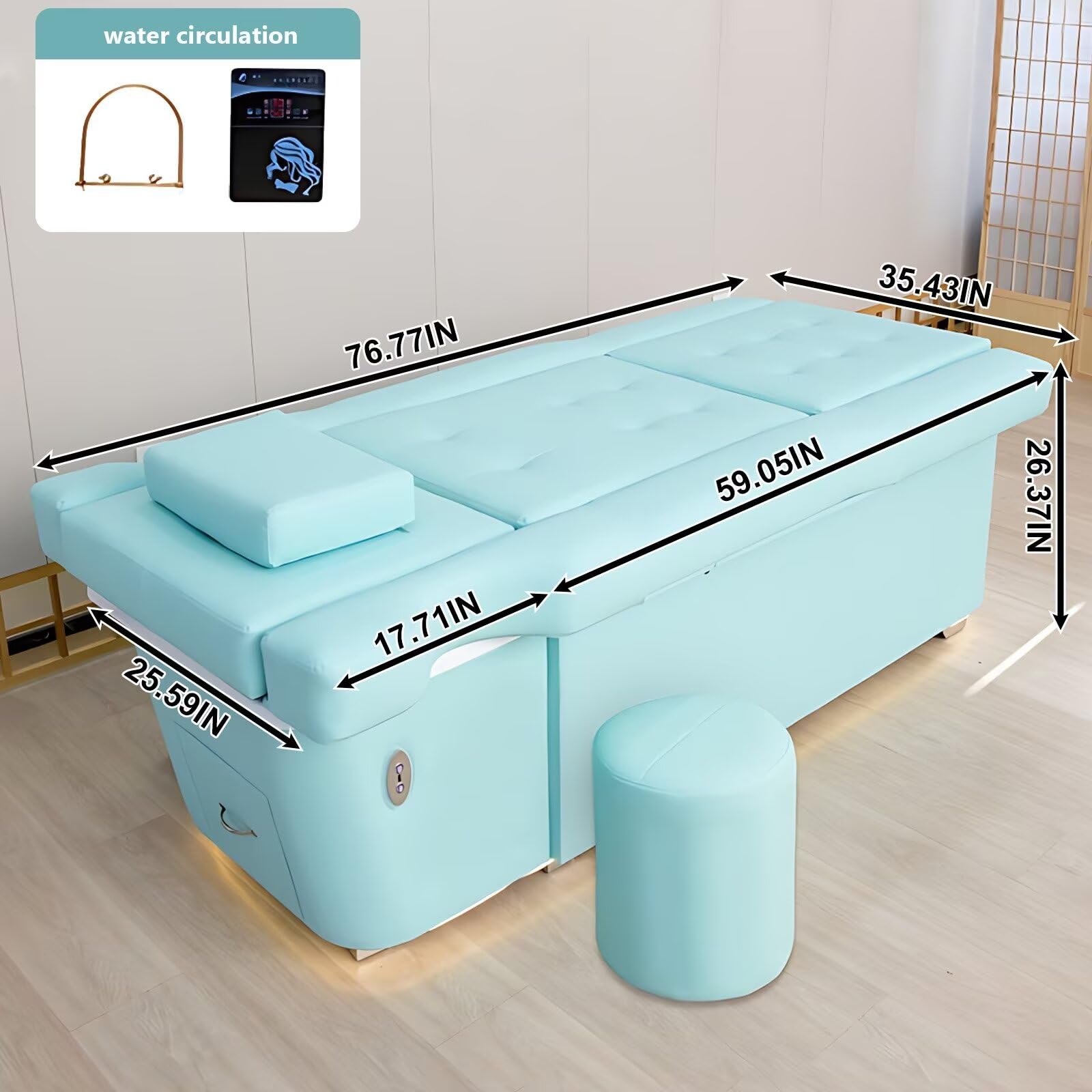 Fotel do masażu stóp ze spa – luksusowe niebieskie łóżko do pedicure, podnośnik elektryczny, obieg wody i taboret do pielęgnacji głowy i pleców
