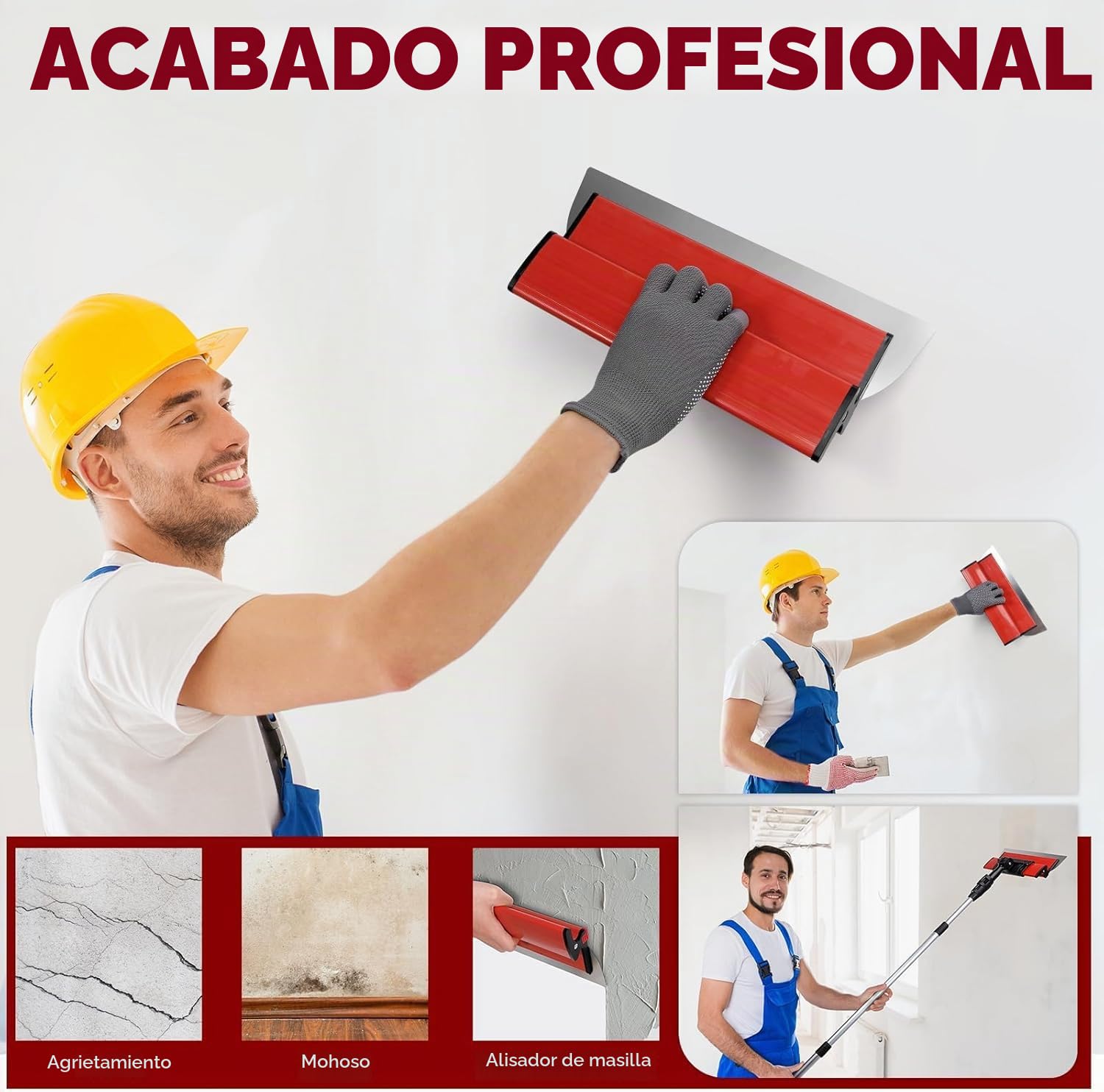 Juego de espatulas pladur, llana para alisar paredes con pértiga extensible, Espatula Masilla de acero inoxidable para Paneles de Yeso, Paredes y Techos (25cm+40cm+60cm)