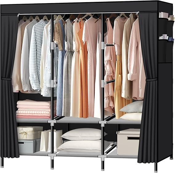 Portable Closet, LOKEME 61Inch Portable Wardrobe with 3 Hanging Rods and 6 Storage Shelves, Non