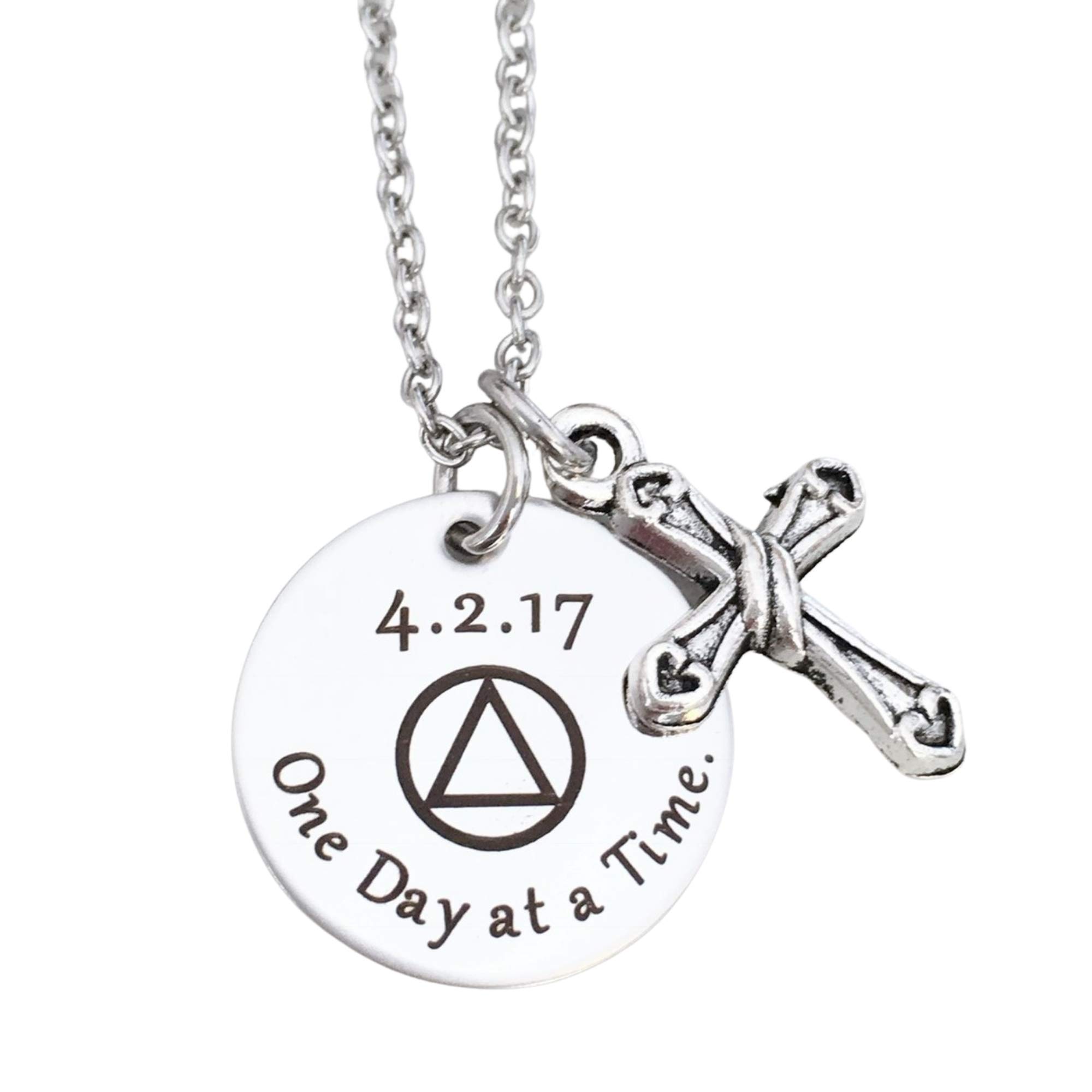 Stamps of LoveAA Necklace Sober Anniversary Gift for Woman "One Day at a Time" Silver Recovery Pendant