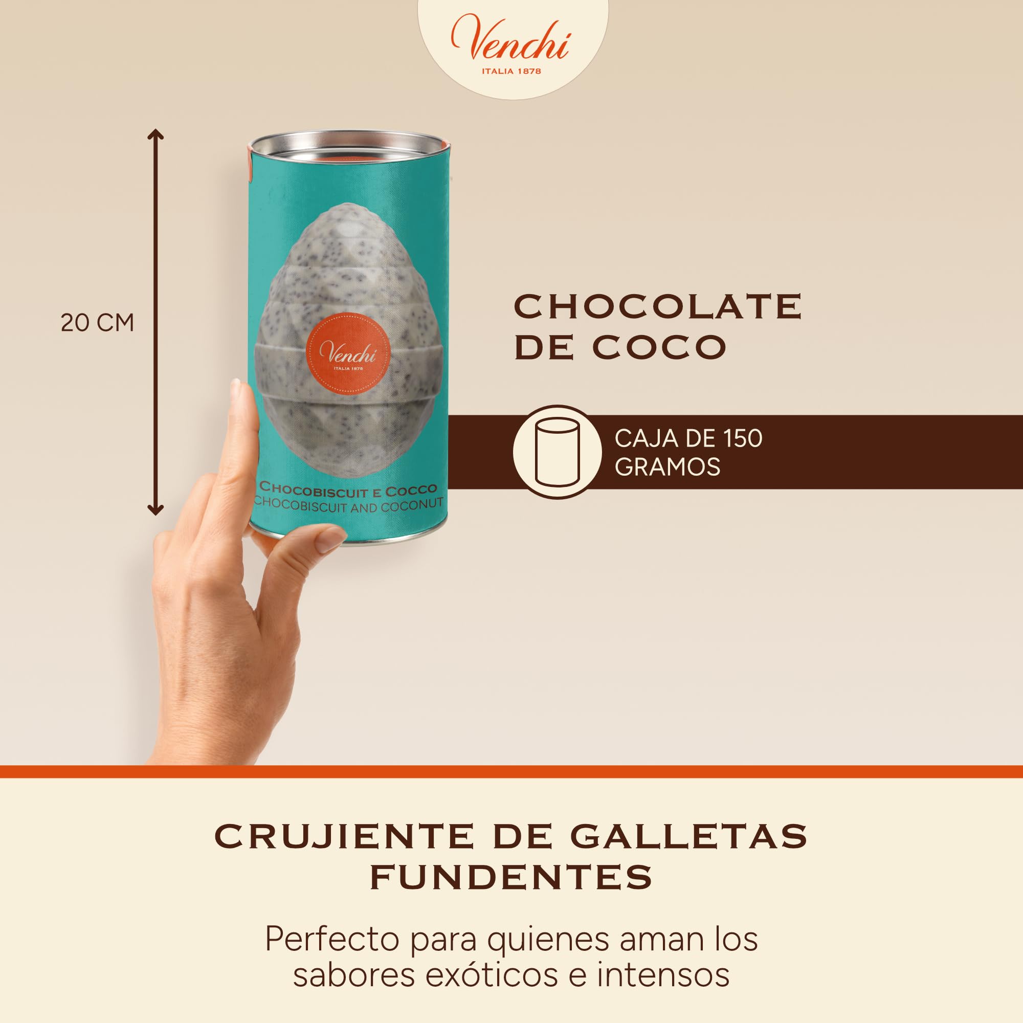 Venchi - Huevo de Chocolate de Coco y Chocobiscuit, 150 Gr, con Granillo de Galleta Negra, Sin Gluten, con Sorpresa, Colección de Pascua Venchi, Idea de Regalo