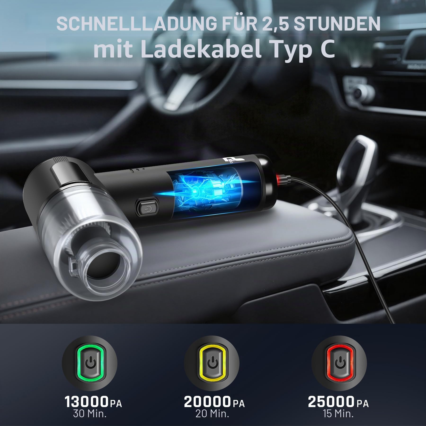Pourbibi Handstaubsauger Akku,Handstaubsauger,25000Pa Autostaubsauger,Verbessert Mini Staubsauger mit Bürstenlosem Motor,3-Gang Auto Staubsauger Für Auto,Haus, Küche,Camping & Tierhaar Reinigun