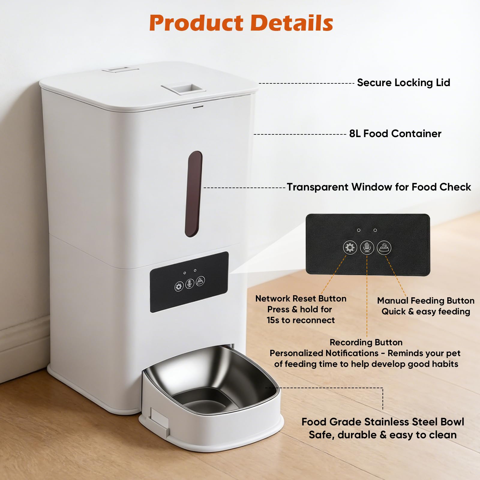 Distributeur Automatique de croquettes 8L Intelligent, Wi-FI & app, 1-10 Repas/Jour, portions 20g, minuterie, Chats & Chiens, capacité 5kg, étanche, Anti-Blocage, Voix personnalisée