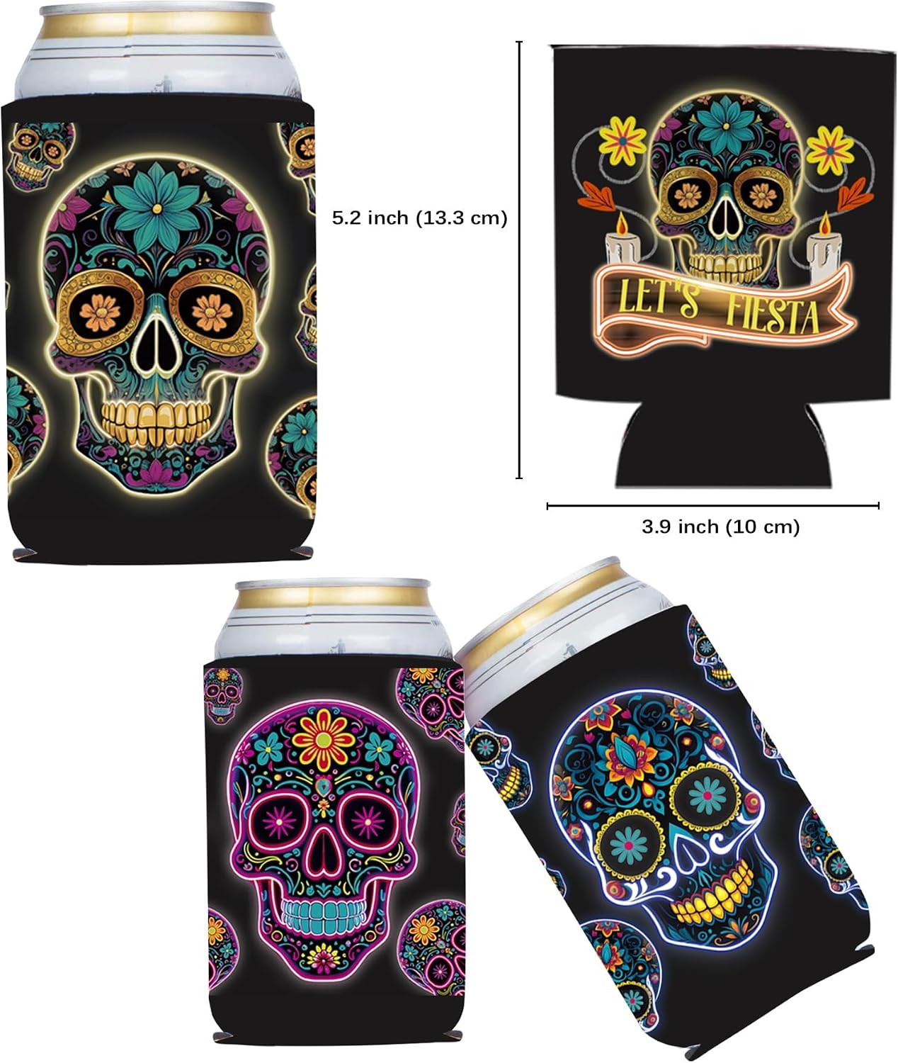 Black Mexican Fiesta Skull Face Can Sleeve Holder 12PCS, Dia De Muertos Death of the Day Beverage Drink Bottle Cooler Cover, Cinco de Mayo Birthday Bridal Shower Bachelorette Gift Decorations