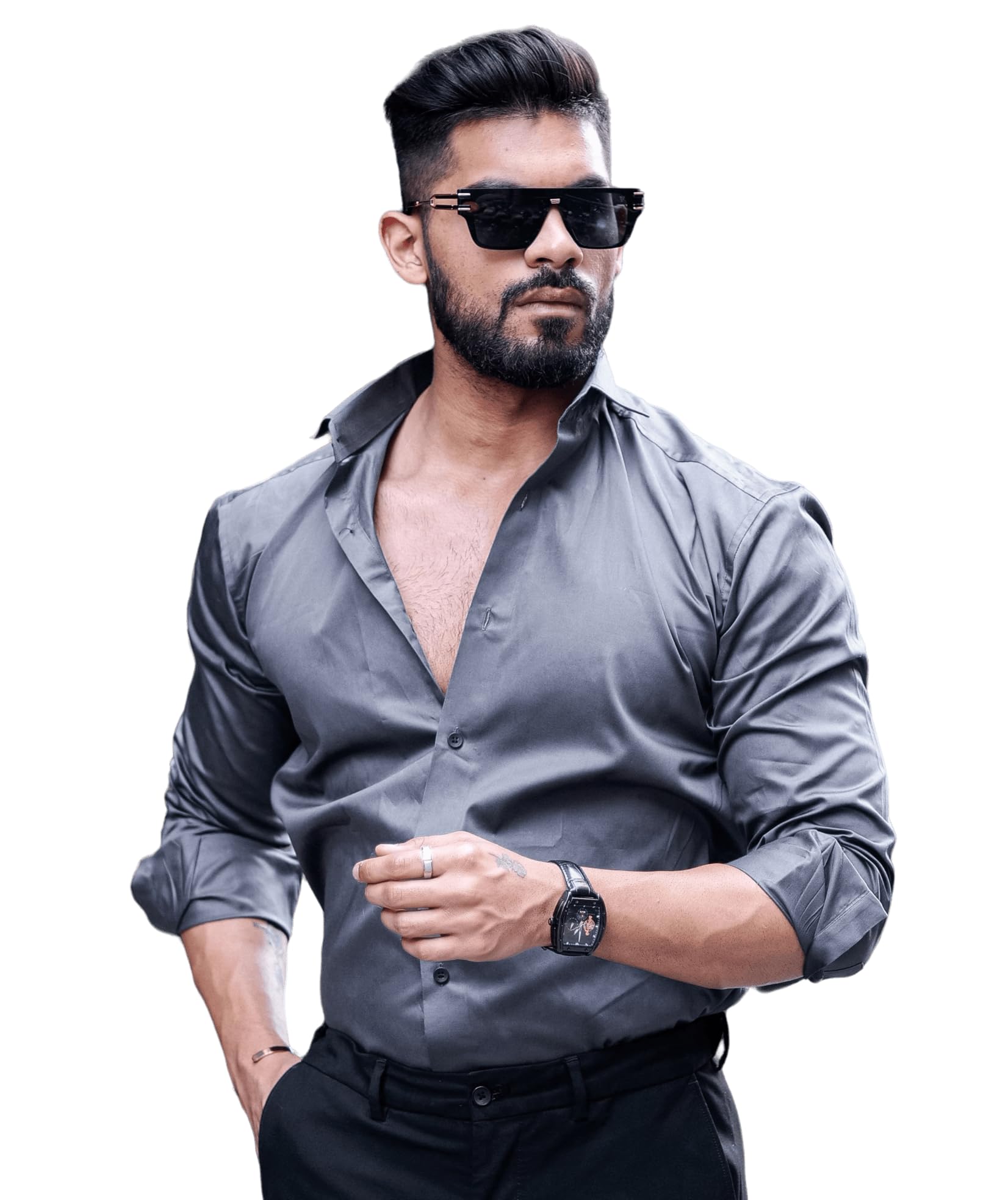 IndoPrimoMen's Satin Shirt with Spread Collar Neck Line Solid Pattern Full  Sleeves Regular Fit Western Style and Standard Length