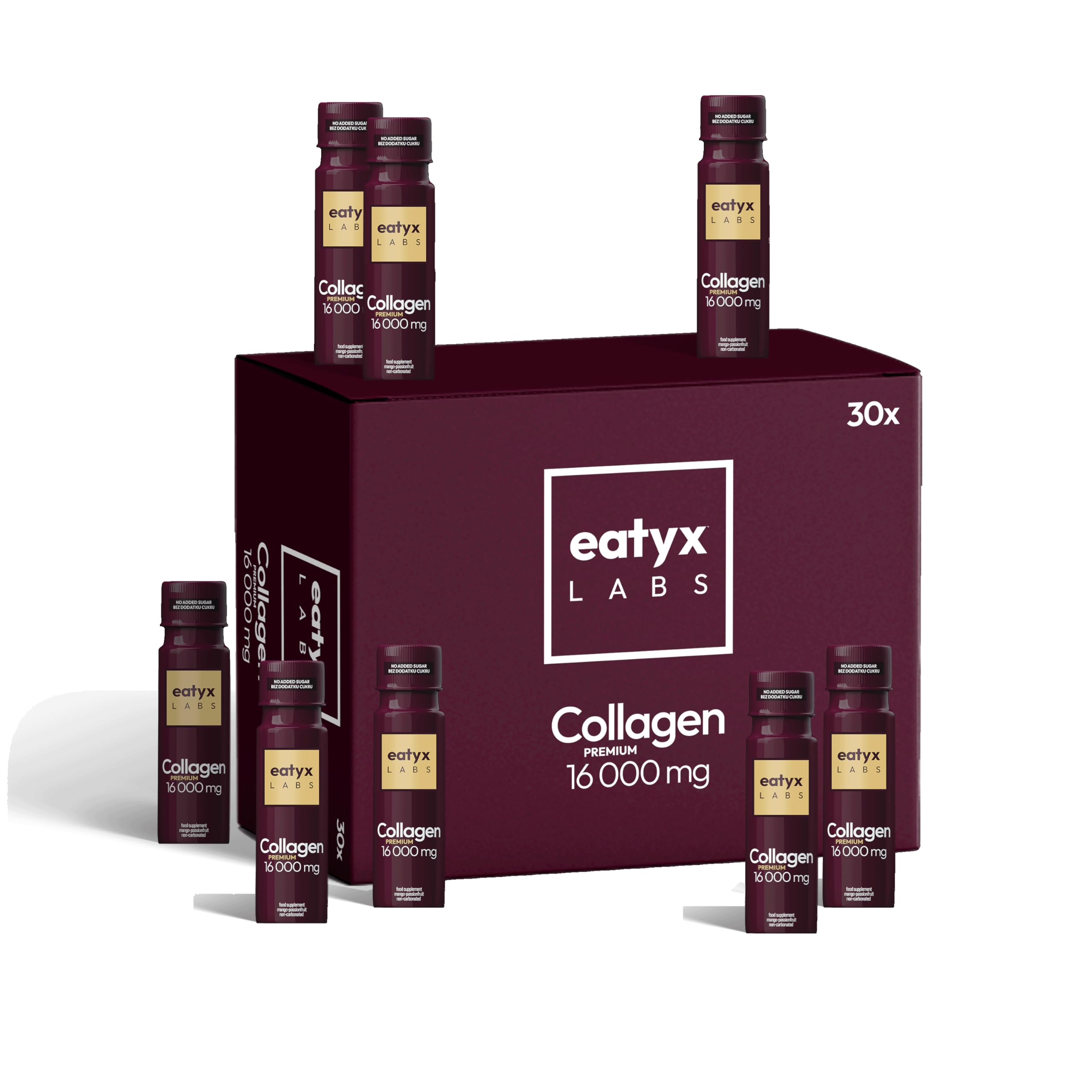 eatyx LABS Collagen Premium 30 Shots - Monatskur mit 16.000 mg Kollagen pro Portion - Flüssiges Trinkkollagen - Mango Maracuja - Glutenfrei, ohne Zuckerzusatz