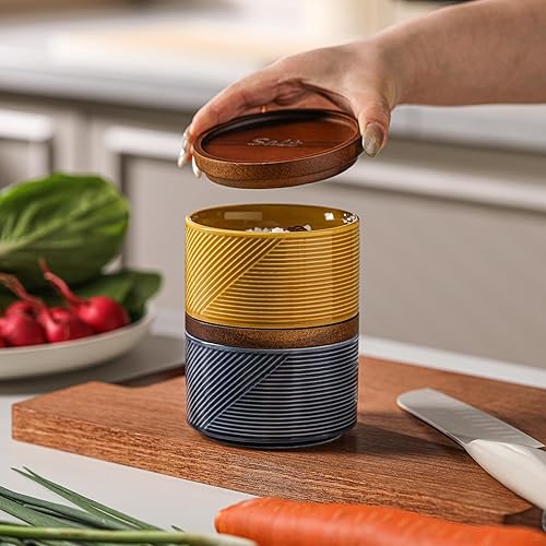 Miniatura 3 de Adewnest Cuencos de sal y pimienta bodega de sal de cerámica de 10 onzas con tapa, caja de sal apilada para encimera, recipientes de almacenamiento