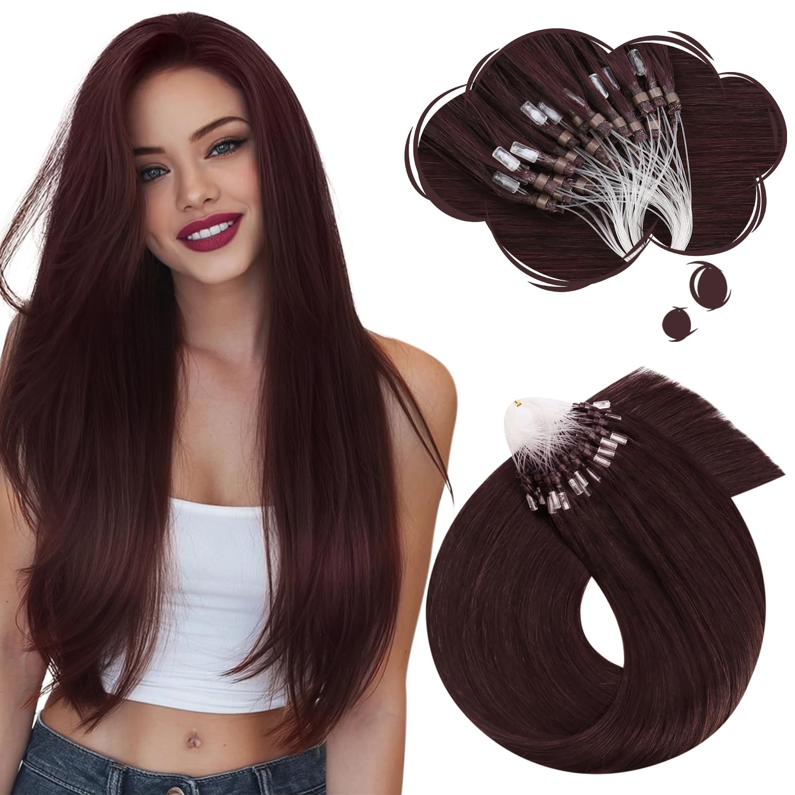 Moresoo Extension à Froid Cheveux Naturel Vigne Rouge Foncé Remy Invisible 45 cm 50g 50 Mèches