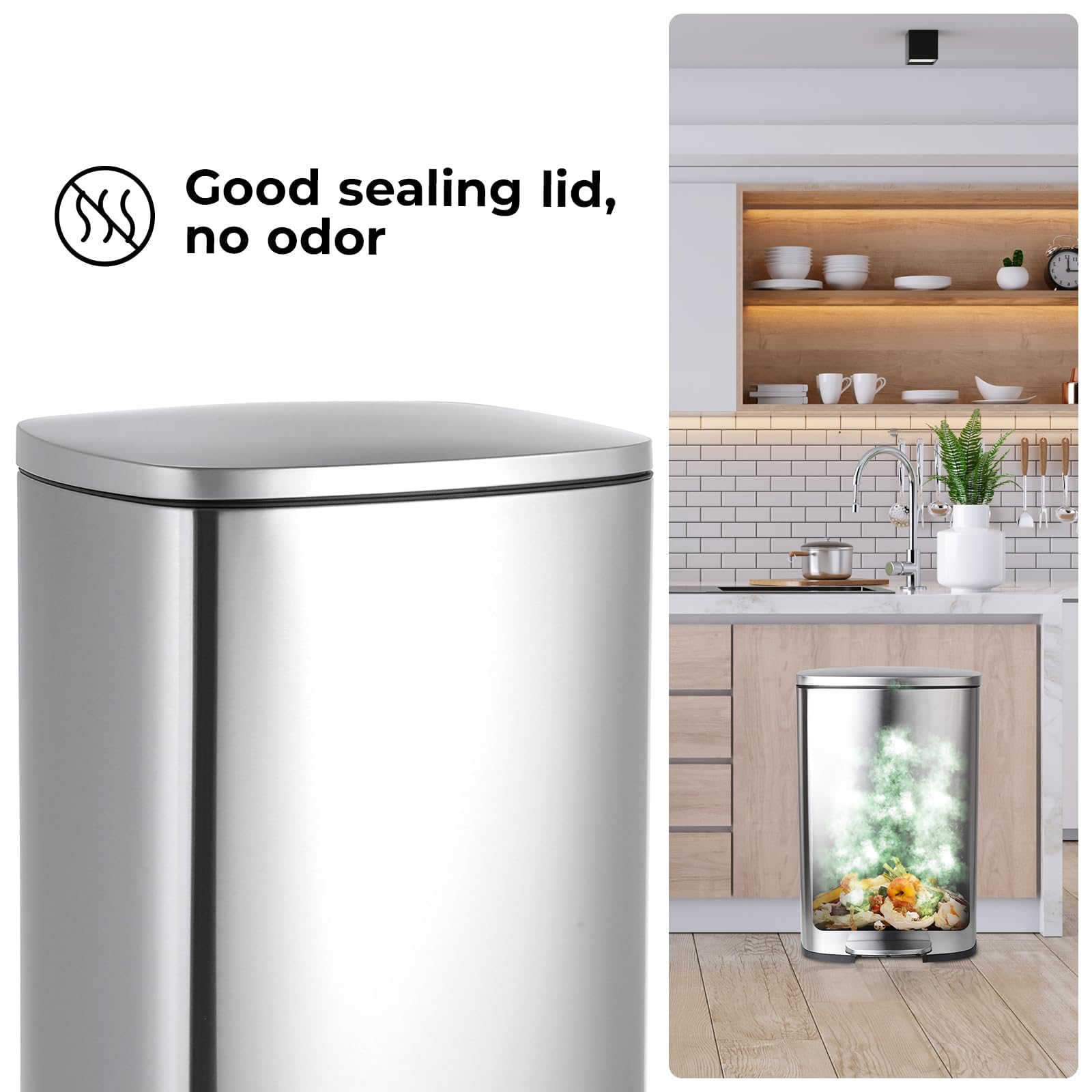LIFERUN Pattumiera Cucina 50 Litri, Cestino a Pedale in Acciaio con Coperchio a Chiusura Morbida, Secchio Interno, 50 l Cestino per Interno Cucina, Bagno, Ufficio, Argento