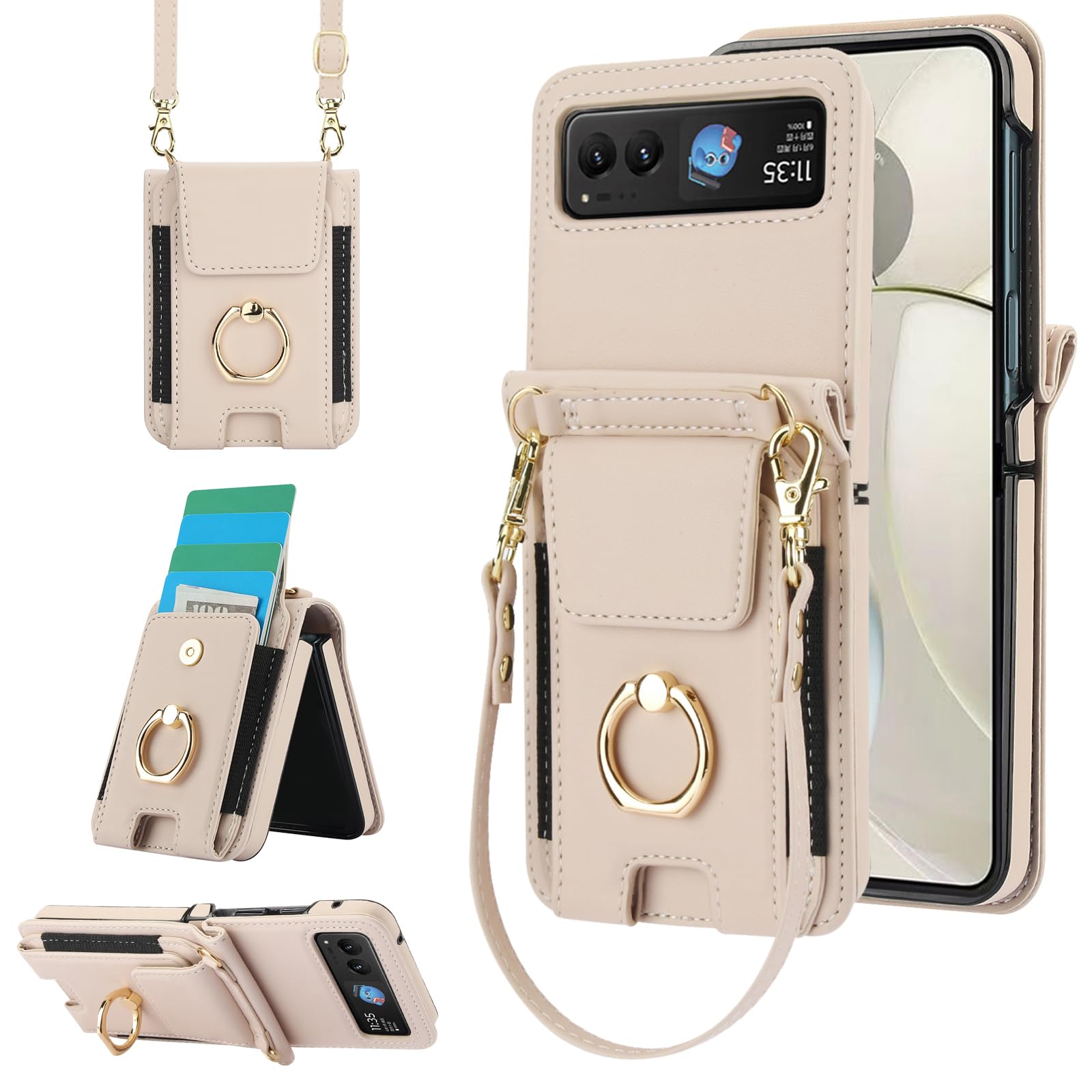Asuwish Phone Case for Motorola Razr 40/Moto Razr 2023 Wallet Cover With Ring and Crossbody Wrist Strap Lanyard Credit Card Holder Slot Stand XT2323-6