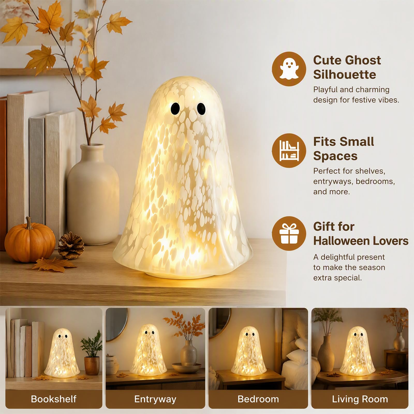 Halloween Confetti Glass Ghost Table Light con Luce per Casa,Party Decor da