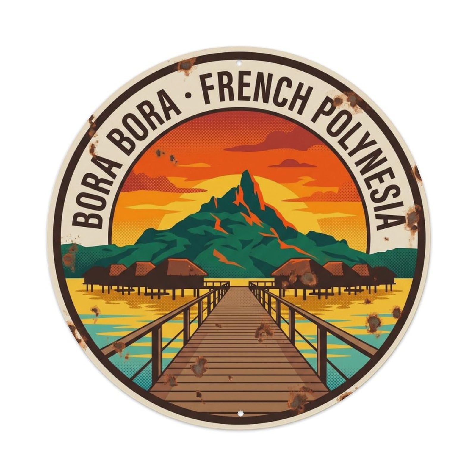 Olyhtr 8X8inch Classic Style Borabora Otemanu Sunset Pier Retro Lagoon Island Metal Tin Sign