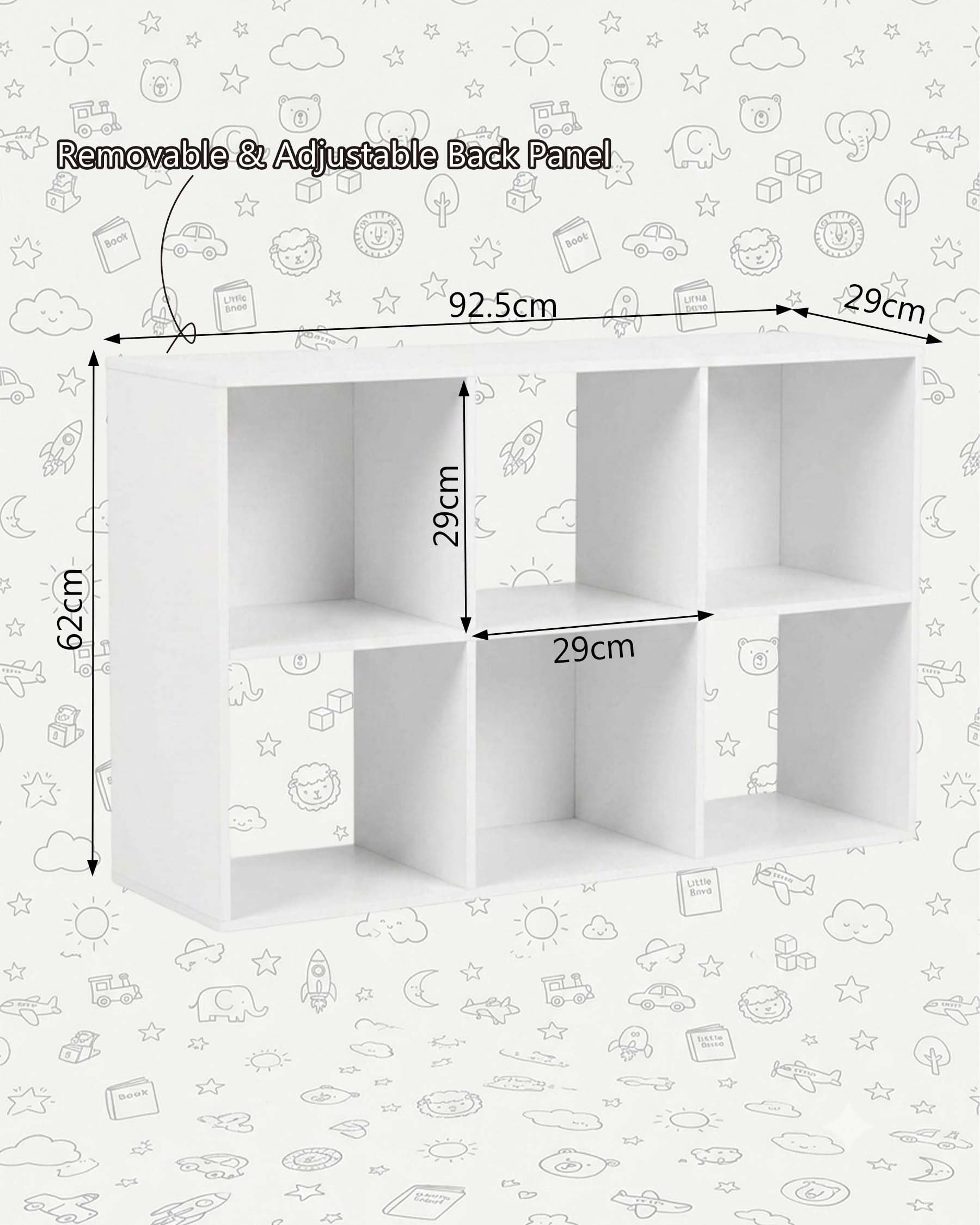 Libreria Bambini e Scaffale Portatutto - Mobiletto Organizzatore Giocattoli Bianco, Scaffale con 6 Cubi, Mobile Contenitore Stabile per Cameretta e Salotto, 92.5x29x62 cm