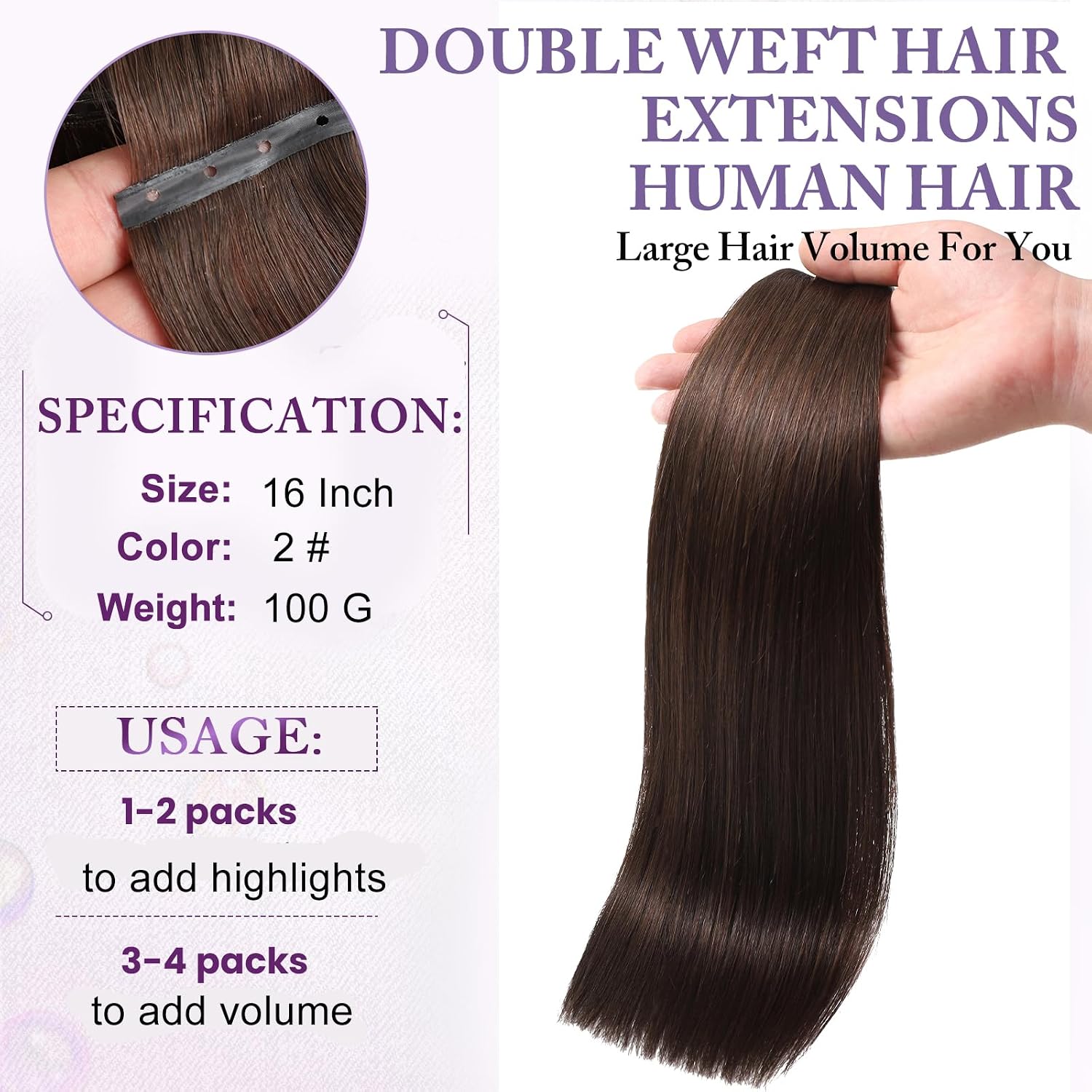 Butterfly Weft Human Hair Extensions Latest Double Invisible Dark Brown Real 100% Remy Human Hair Weft with Micro Bead Simulated Scalp Hair Extensions 16 Inch