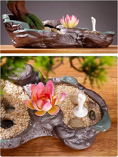 Miniatura 3 de Árbol de bonsái artificial para interiores, árbol de bonsái artificial con decoración de escultura de loto rosa, plantas de casa artificiales en