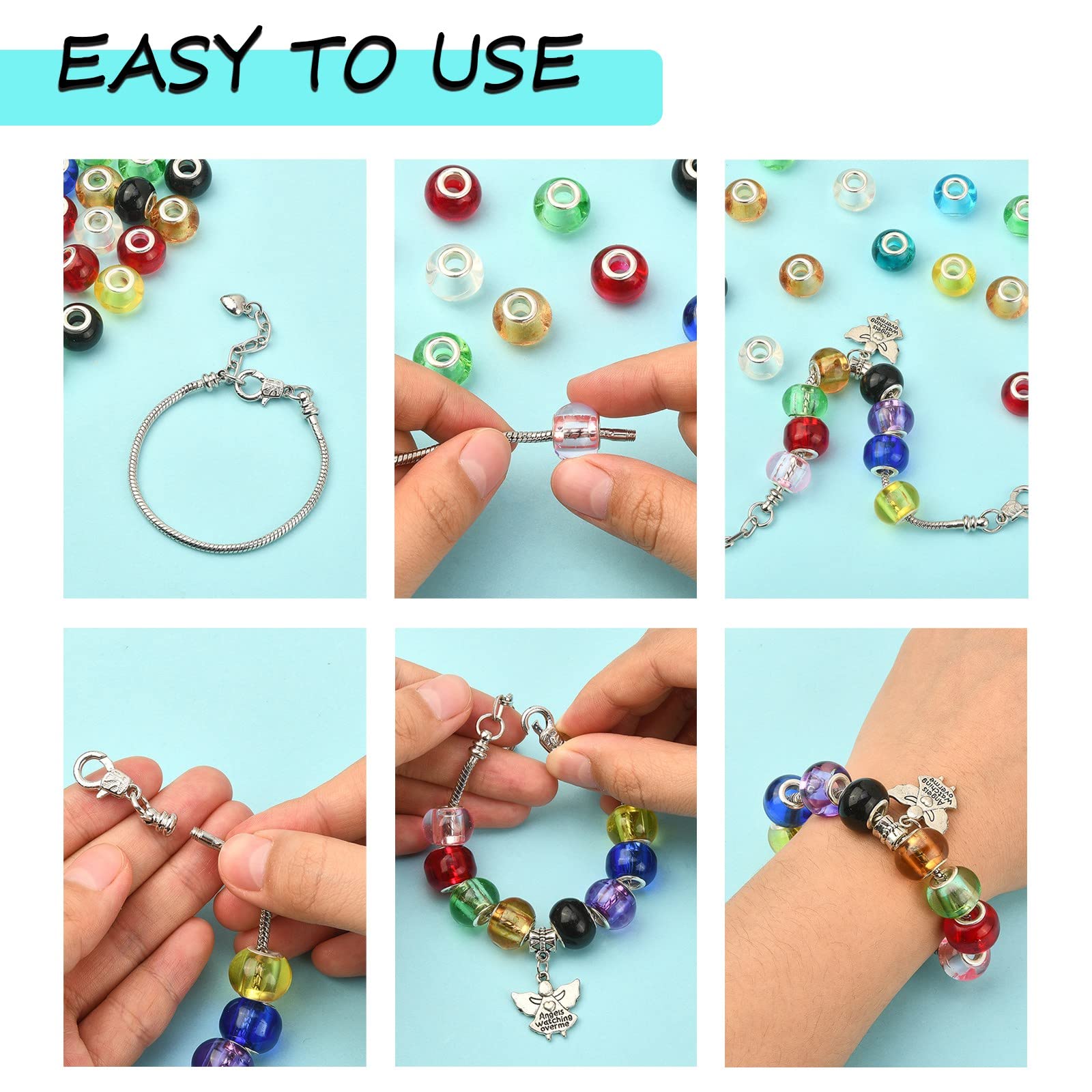 UR URLIFEHALL 100 Pcs Glass European Beads Rondelle Large Hole Charm Beads with Silver Brass Double Cores for Bracelet Jewellery Making (Random Mixed Colour) - Image 4