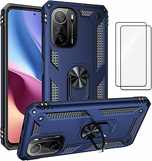 Capa para Xiaomi Poco F3 Capinha com protetor de tela de vidro temperado [2 Pack], Case para telefone de proteção militar com suporte para Xiaomi Poco F3 (Azul)