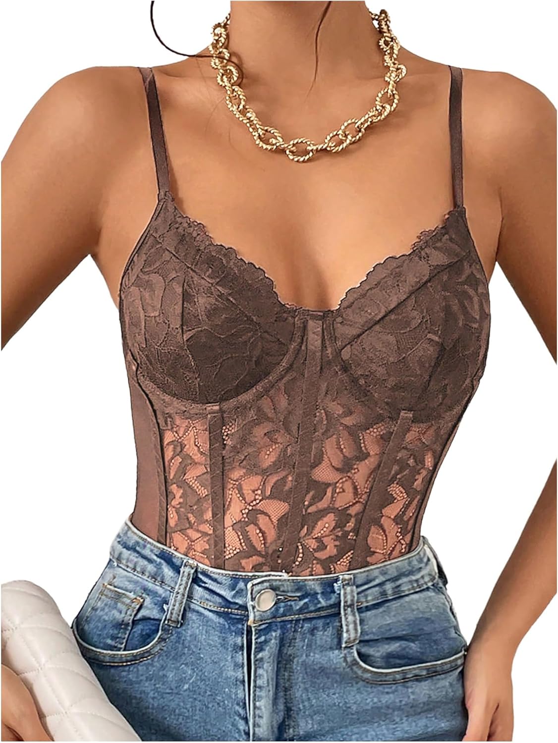 Milumia Women's Sexy Sheer Mesh Lace Bodysuit Spaghetti Strap Bustier Corset Tops Rave Party Club