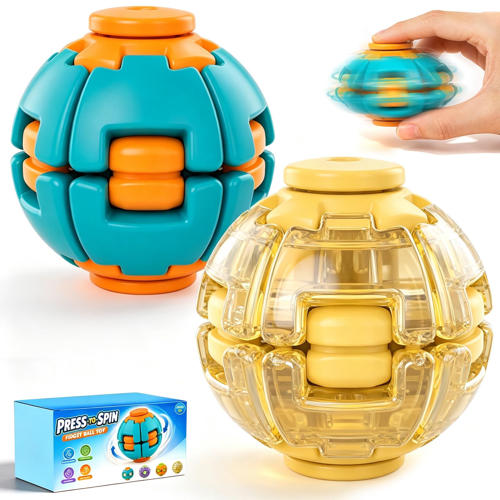 2 Pack Sensory Fidgets Spinner, Press to Spin Fidget Toys Ball for Adults