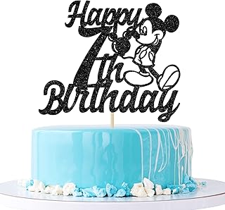 Decoración para tarta de 7 cumpleaños con purpurina negra, decoración de Mickey Mouse, de siete años