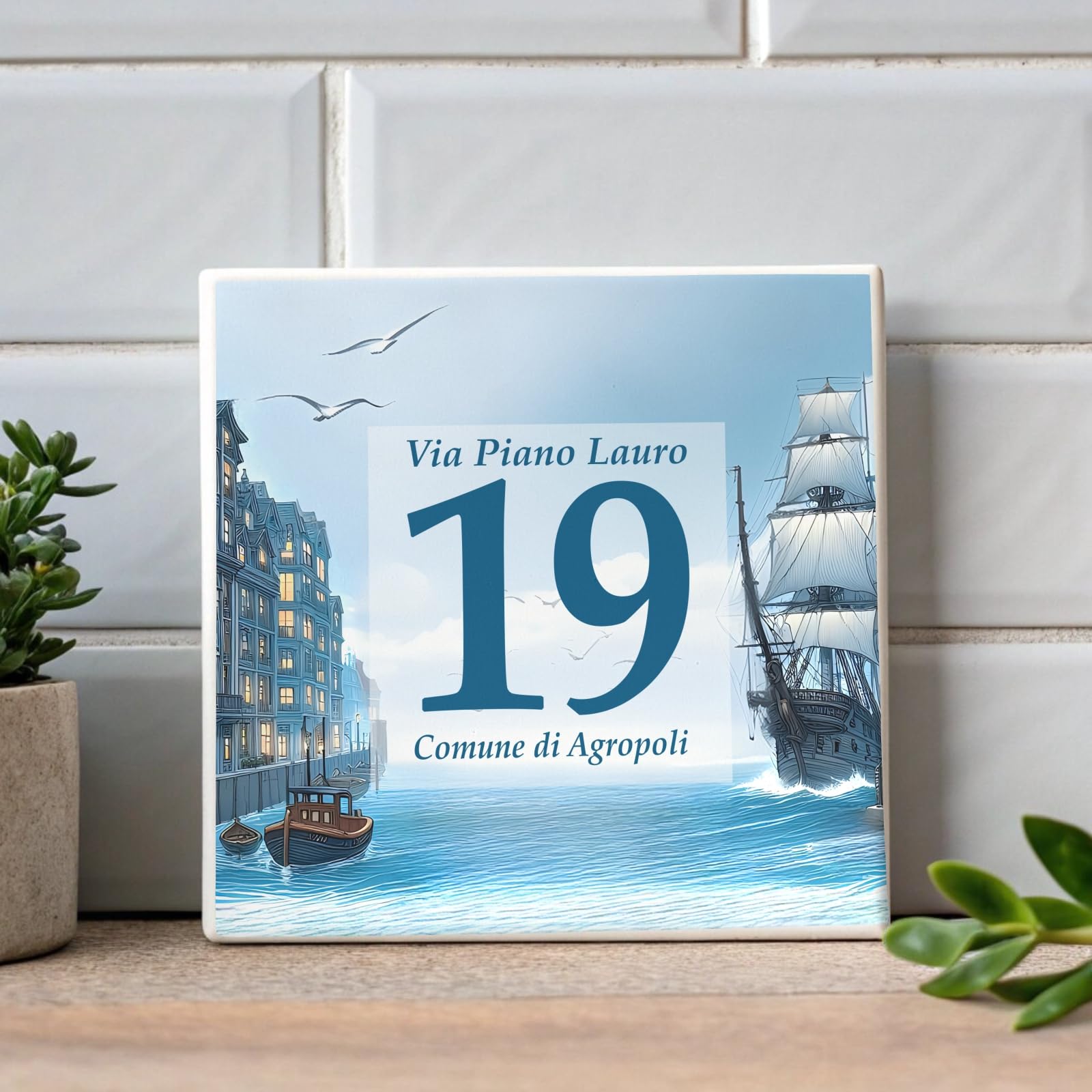 Mattonella Numero Civico Personalizzato da Esterno - Targa in Ceramica 15x15 cm per Indirizzo, Nome Famiglia, Testo - Resistente e Personalizzabile (MARE)