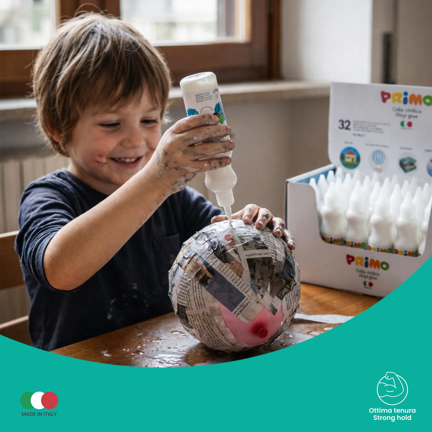 PRIMO - Colla Vinilica Bianca con Beccuccio di Precisione per Cartoleria e Lavoretti Creativi, 32 Colle da 80gr Alto Potere Adesivo per Superfici Lisce, Porose e Lucide, Découpage, Materiale Didattico