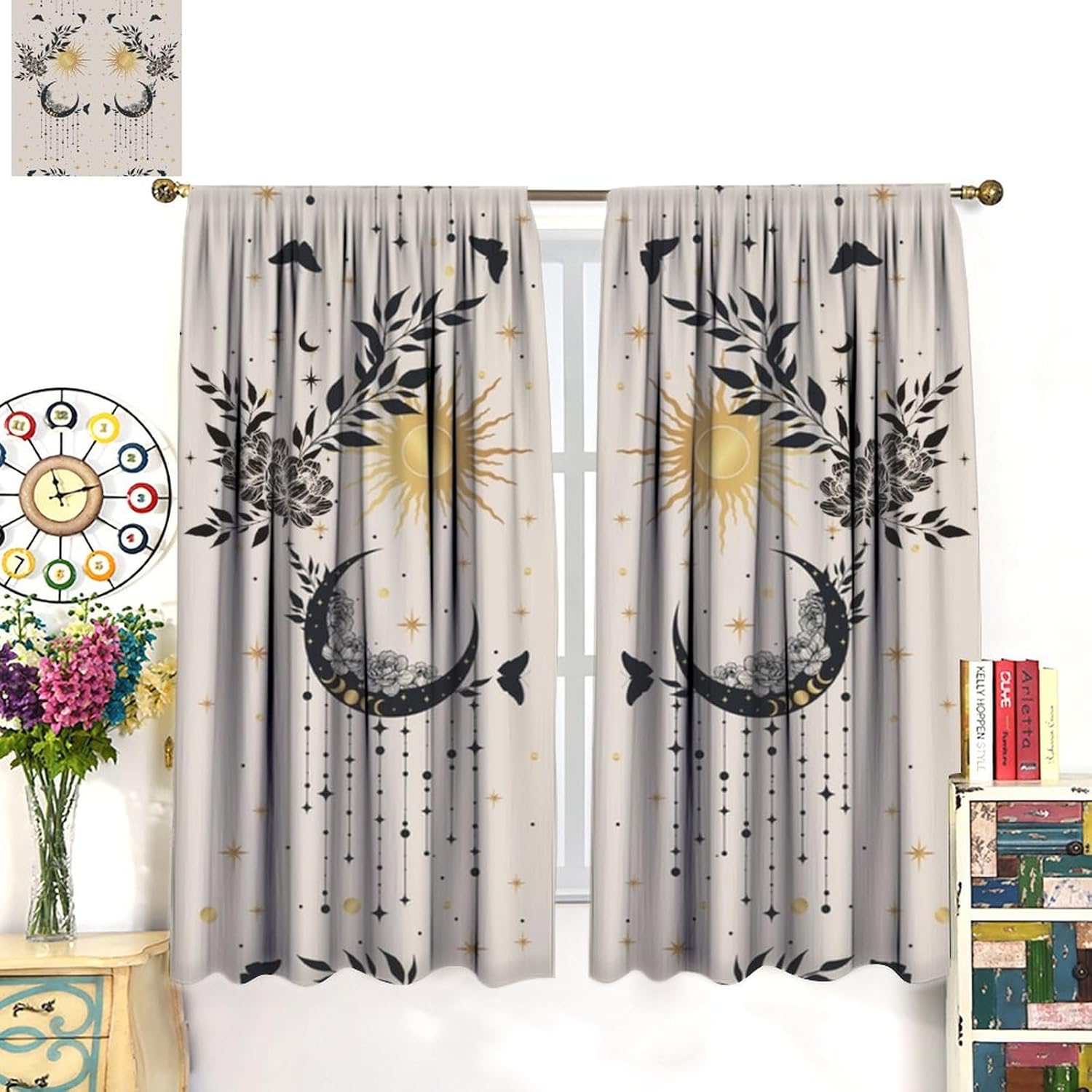 Vintage Boho Beige Minimalism Curtains, Sun Moon Star Butterfly Rose Seamless Pattern, Rod Pocket Thermal Insulation Blackout Window Treatments for Living Room Bedroom Bathroom (21x63in) x2 Panels