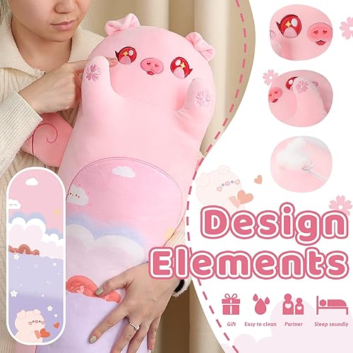 Miniatura 4 de AIXINI Almohada larga de felpa de cerdo rosa, lindo ángel cerdo rosa, juguete de almohada suave de peluche Kawaii para niños (cerdo ángel, 27.5