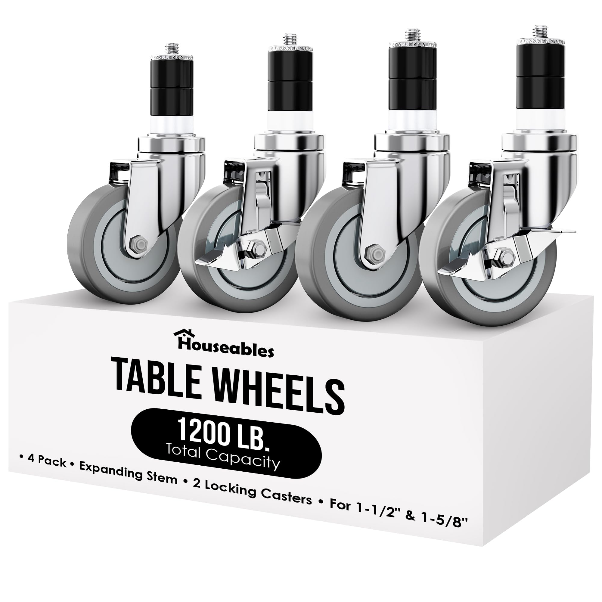 Houseables Table Casters, Table Wheels, Set of 4, Expanding Stem Caster Wheels, 4 Inch, Stainless Steel, for Kitchen Prep Worktable, Folding Desk,