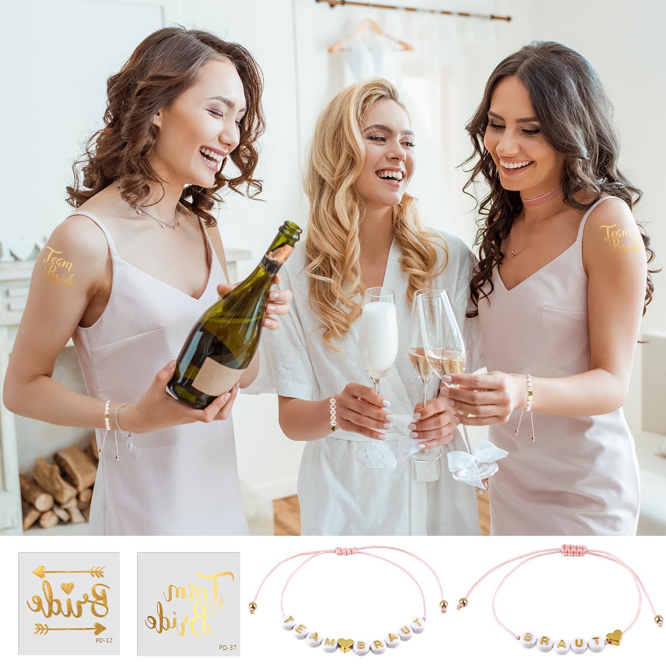 JGA Bracciali Per Addio Al Celibato - 12 Pezzi: 1 Bracciale Da Sposa + 11 Per La Squadra, Regolabili, Colore Rosa, Con Perline A Cuore, Decorazioni Matrimonio - 5