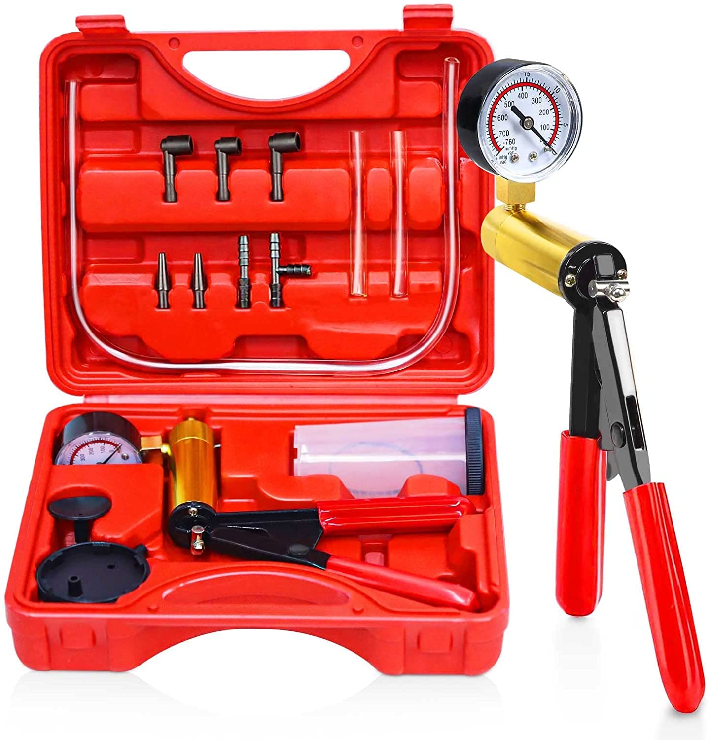 2 in 1 Brake Bleeder Kit, 16 Pcs Hand Held Vacuum Pump Tester with Gauge Jar Adapters Protected Case, Auto Manual Brake Fluid Brake Bleeding Kit Tool for Car Automotive Bike Motorcycle Motorbike Truck
