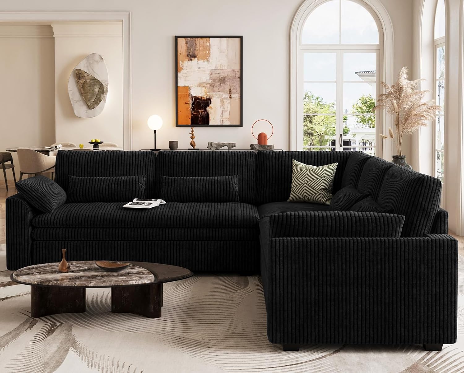 Belffin Large Modular Sectional Sofa with Double 61" Loveseat, Corduroy Corner Couch with 9" Soft Dual-Layer Seats Cushion for Living Room, Apartment, Small Sapce, Black