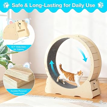 Cat Exercise Wheel, Large Cat Treadmill Wheel for Indoor Cats, 41/46 Pet Running Wheel for Running/Walking/Training, Suitable for Most Cats Natural-L