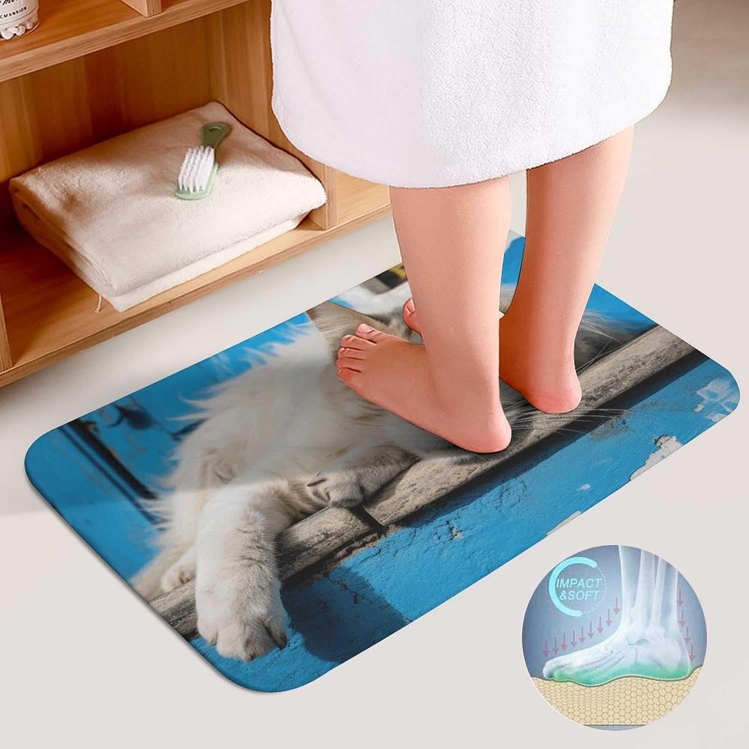 Anti-Skid Floor Mats 3 Piece Set,Sleeping Little Cat Printed Coral Fleece Bathroom Mats U-Shaped Contour Mat Toilet Seat Cover for Bathroom, Tub, Shower, Kitchen 19.7"x31.5"
