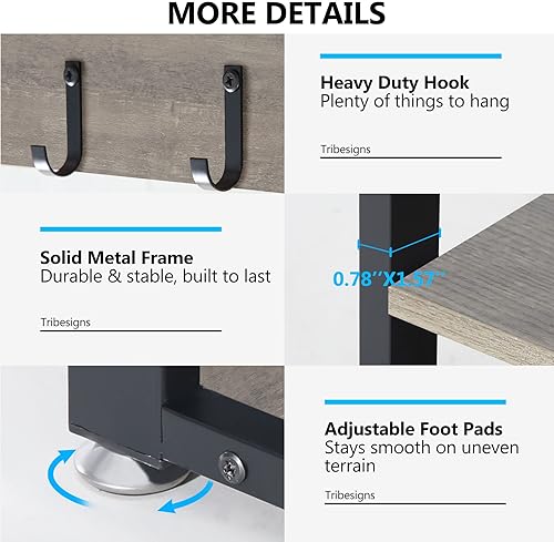 Miniatura 5 de Tribesigns Perchero y banco de zapatos industrial, árbol de pasillo con 3 cubos de almacenamiento, 7 ganchos para entrada, pasillo, diseño 5 en 1,