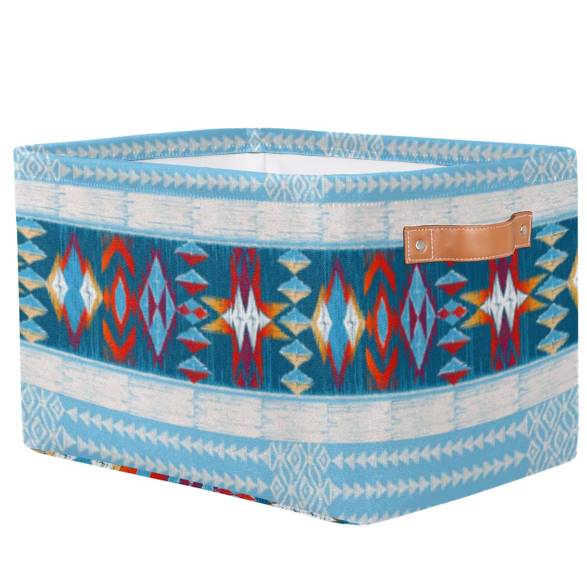 Boho Style Blue Ethnic Painted Square Storage Basket, Fabric Storage Bin with Leather Handles Aztec Pattern Collapsible Storage Bin Nursery Hamper for Organizing Toys, Clothes, Books, Gift Baskets