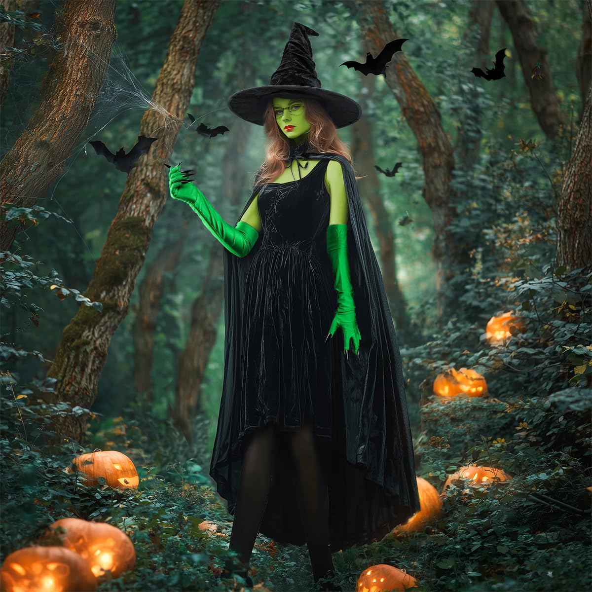MOVINPE Green Witch Costume Set for Women – 5-Piece Hooded Cloak, Witch Hat, Green Face Paint, Long Gloves with Sharp Nails, & Glasses – Perfect for Halloween, Cosplay, and Themed Parties - Image 4