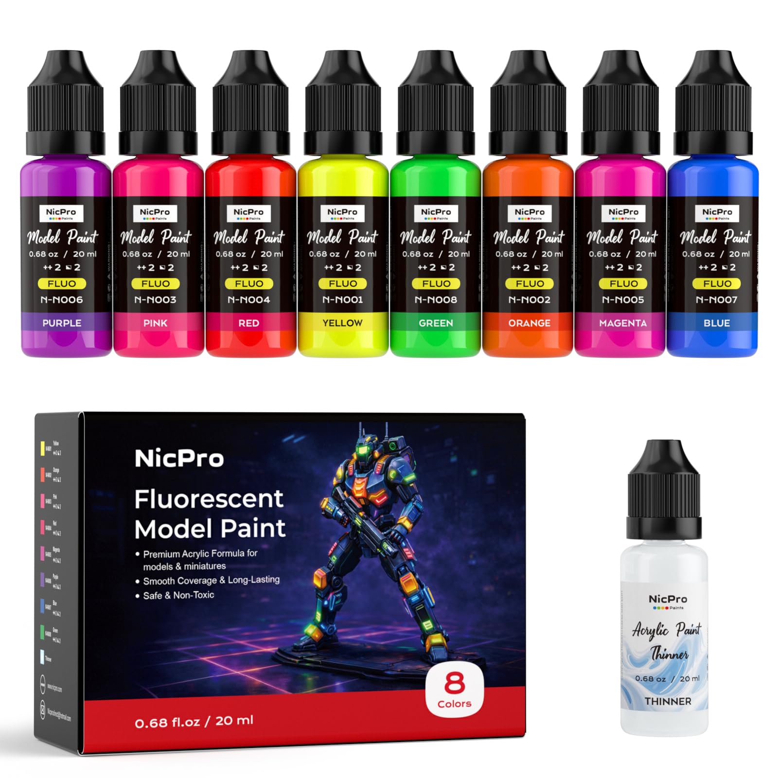 Nicpro 8 Colors Fluorescent Model Paint Set, 20ml Ready to Use