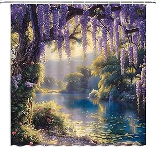Fantasy Forest Shower Curtain Purple Floral Lake Mountain Wisteria Vine Plant Flower Dreamy Spring Garden Fairy Tale Nature Landscape Bathroom Decor Curtains Polyester with Hooks