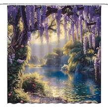 Purple Floral Shower Curtain Fantasy Forest Lake Mountain Wisteria Vine Plant Flower Dreamy Spring Garden Nature Landscape Bathroom Decor Curtains with Hooks