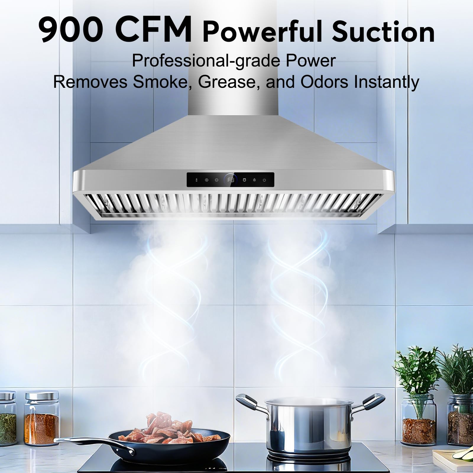 36 Inch Wall Mount Range Hood, 900 CFM Kitchen Hood with 4-Speed Fan, Ducted/Ductless Convertible, Gesture & Touch Control, Stainless Steel Stove Vent Hood with Adjustable LED and Auto Delay Shut-Off - 4