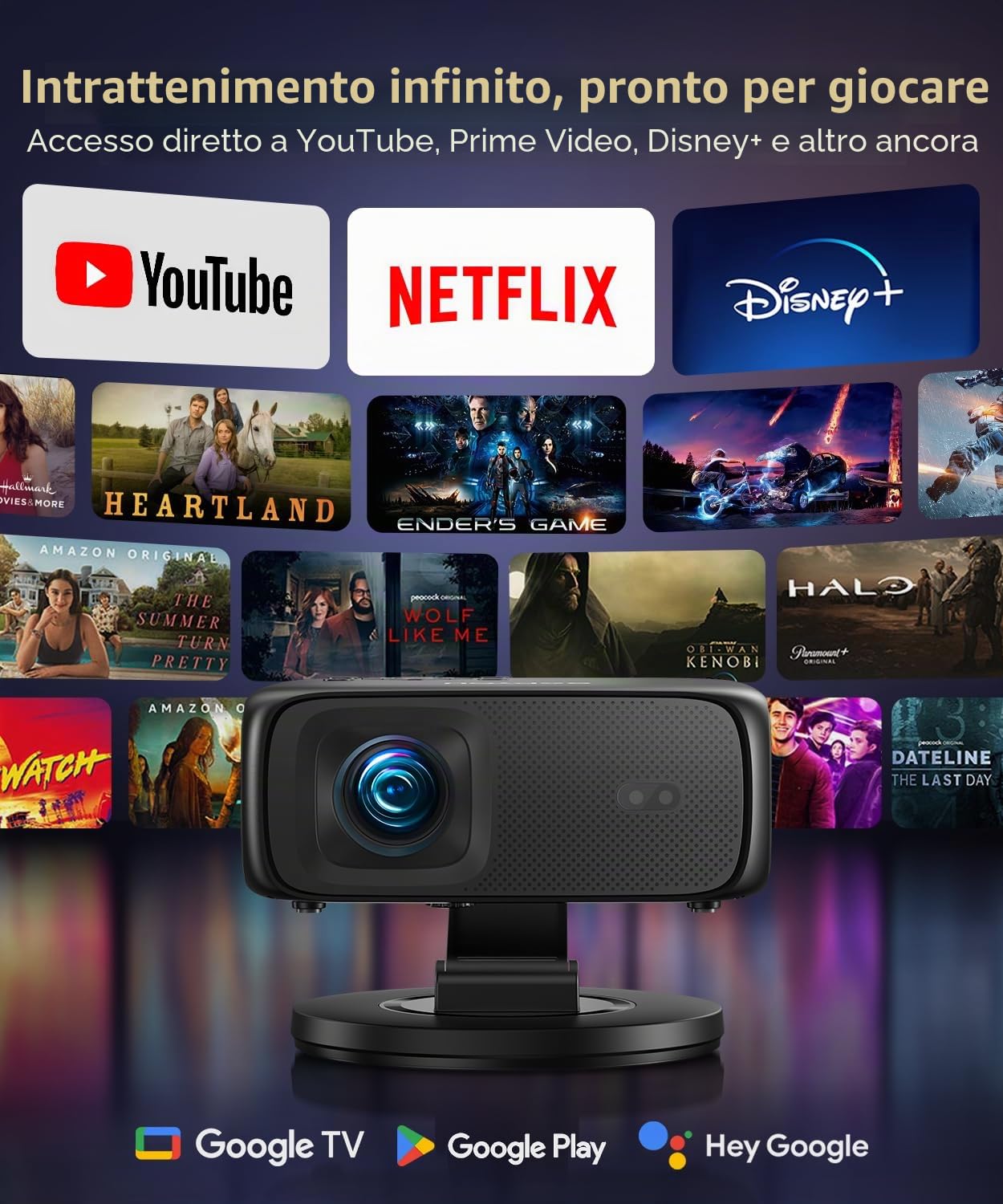 [1500ANSI/Google TV/controllo vocale] Proiettore intelligente con WiFi e Bluetooth, supporto nativo 1080P 4K, messa a fuoco automatica e Keystone, proiettore portatile per film all'aperto con supporto