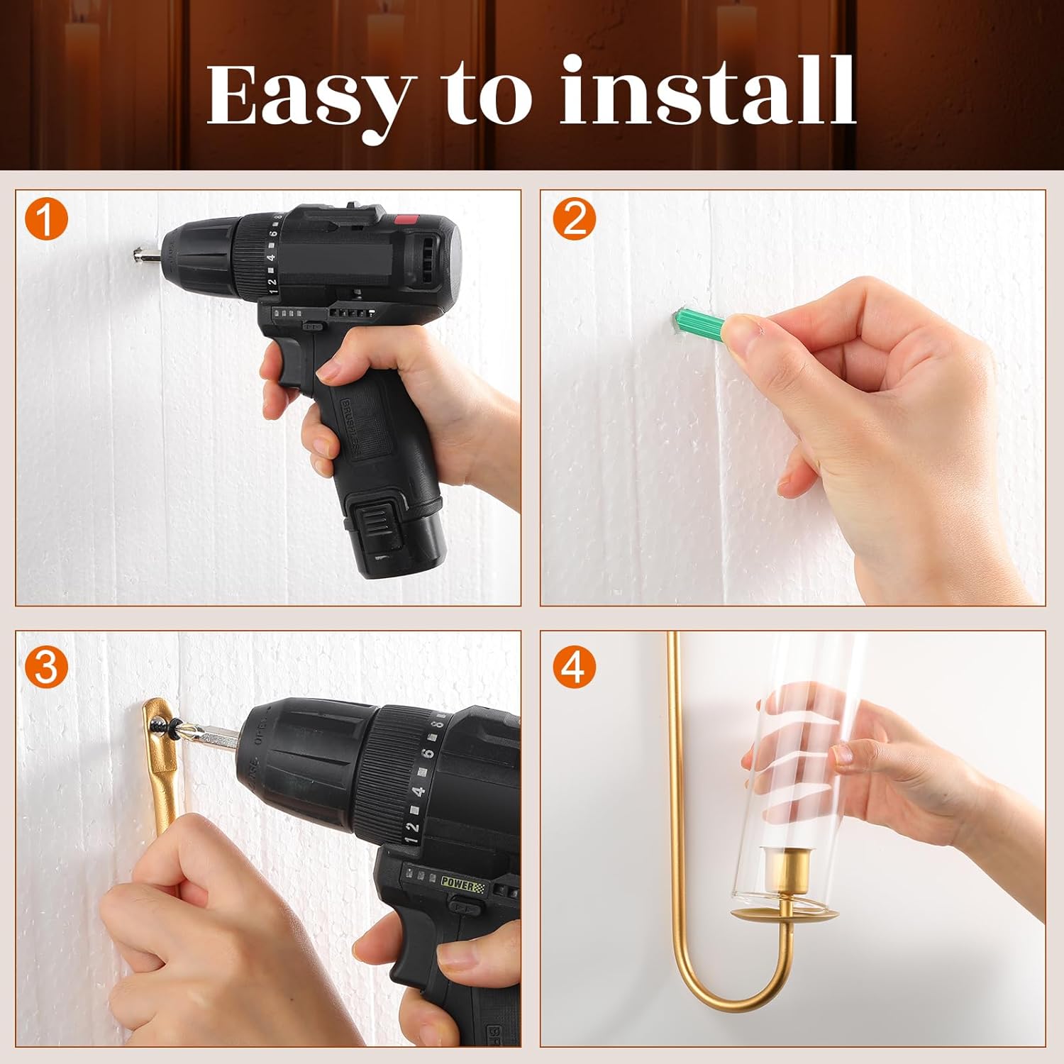 4 Set Metal Wall Candle Sconce Holder Set Open Ended Glass Hurricane Candleholder Taper Tube Hanging Wall Mount Pillar Candle Holder for Wedding Living Room Farmhouse Fireplace(Gold)