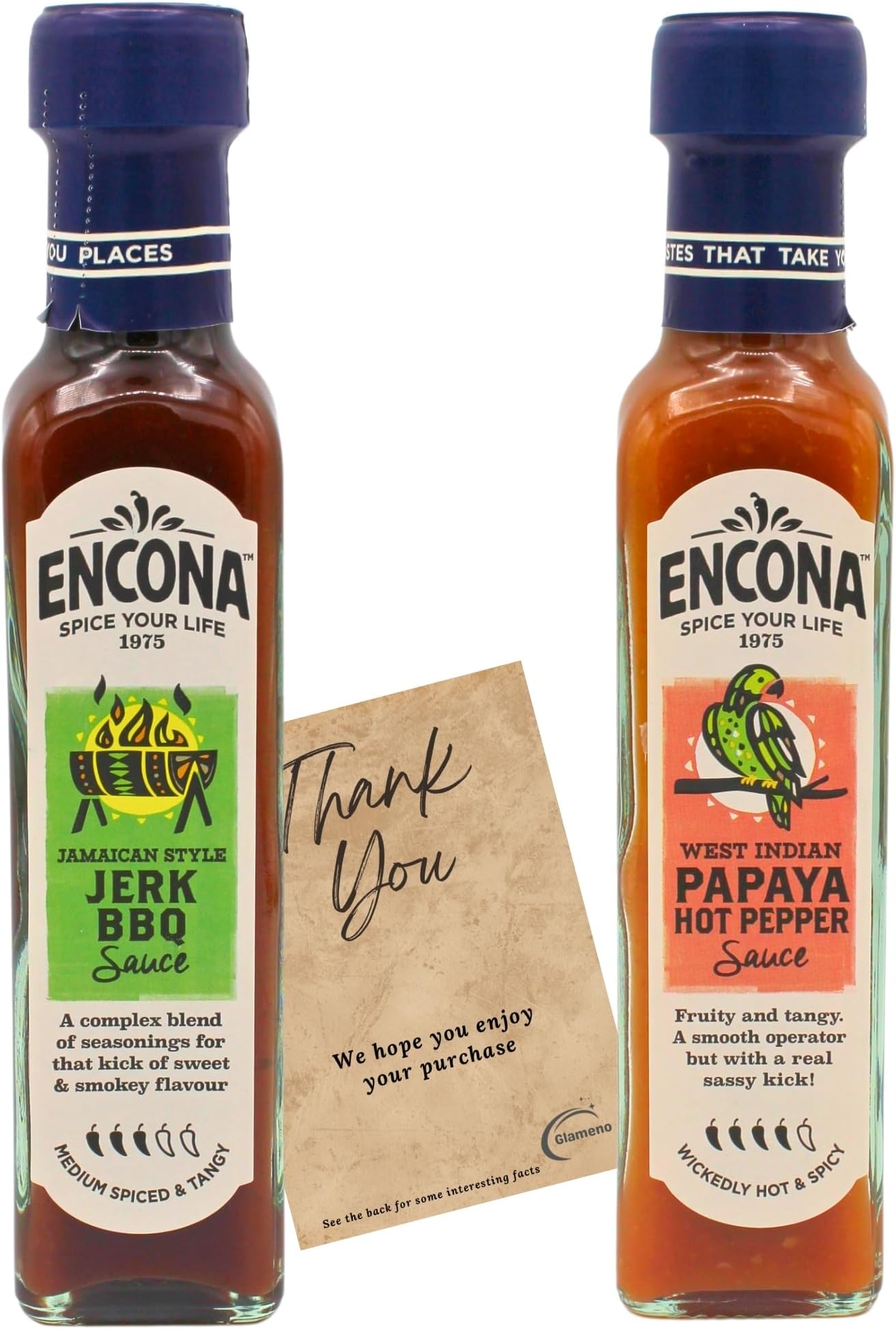Chilli Sauce Bundle with Encona 142ml Jerk BBQ Sauce, Papaya Hot Pepper Sauce and Glameno Interesting Food Facts Card